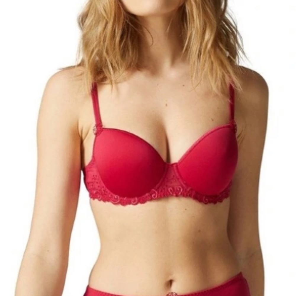 Simone Perele Delice Bra 34C Padded Red Cranberry 3D Foam Push Up Paris Lace